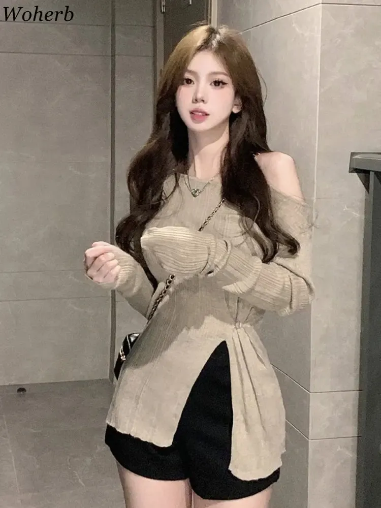 Woherb – t-shirt coréen pour femme, col rond, manches longues, tunique tricotée, chemises pour femmes, Y2k, hauts Chic fendus, décontracté, Sexy, T 240228