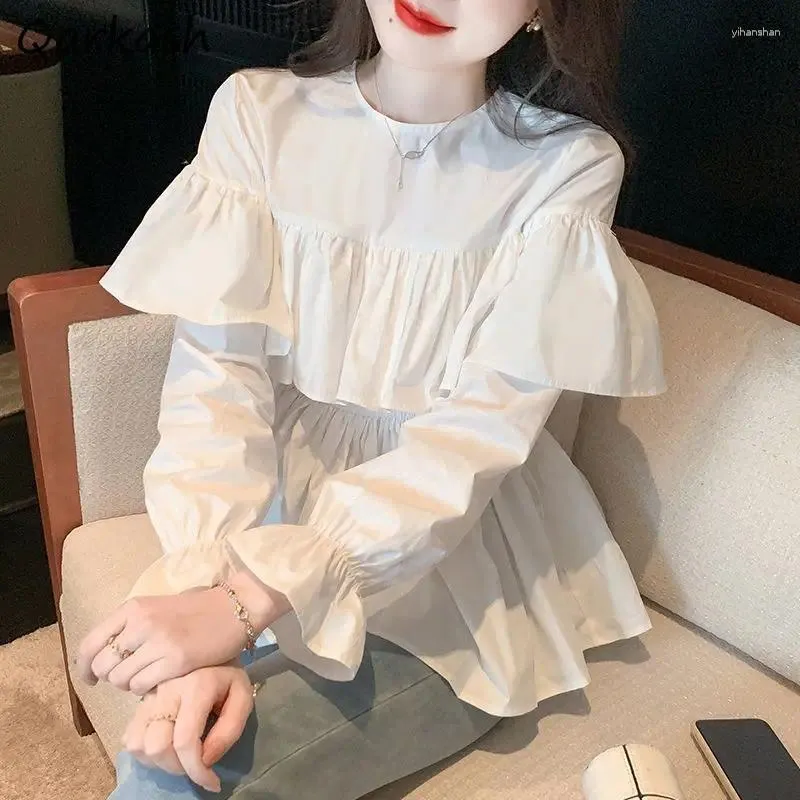 Chemisiers pour femmes blanc Blusas Mujer manches longues évasées en mousseline de soie tempérament volants taille flatteuse tendre coréen hauts doux minimaliste élégant