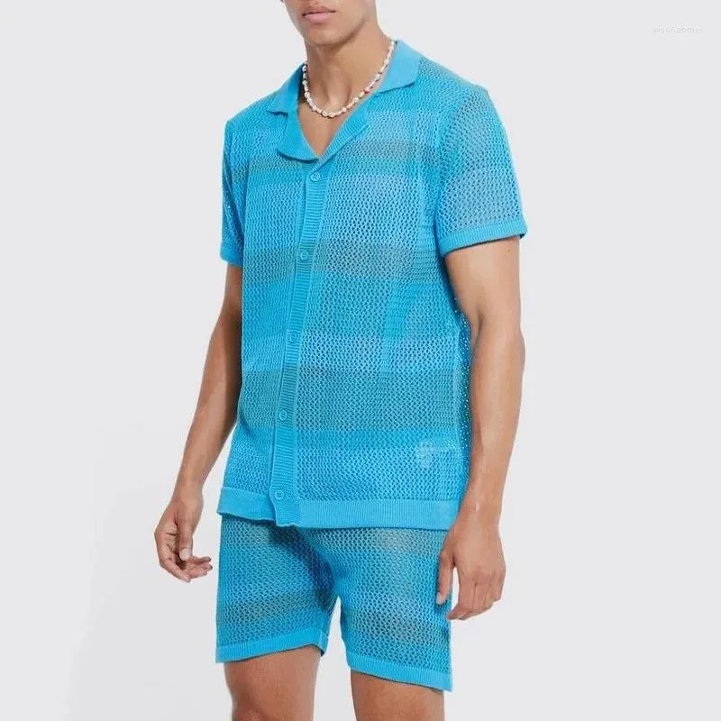 Survêtements pour hommes Hommes Outfit Set Printemps Été Mode Tricoté À Manches Courtes Hauts Et Shorts Mâle Deux Pièces Streetwear Casual Lâche Solide