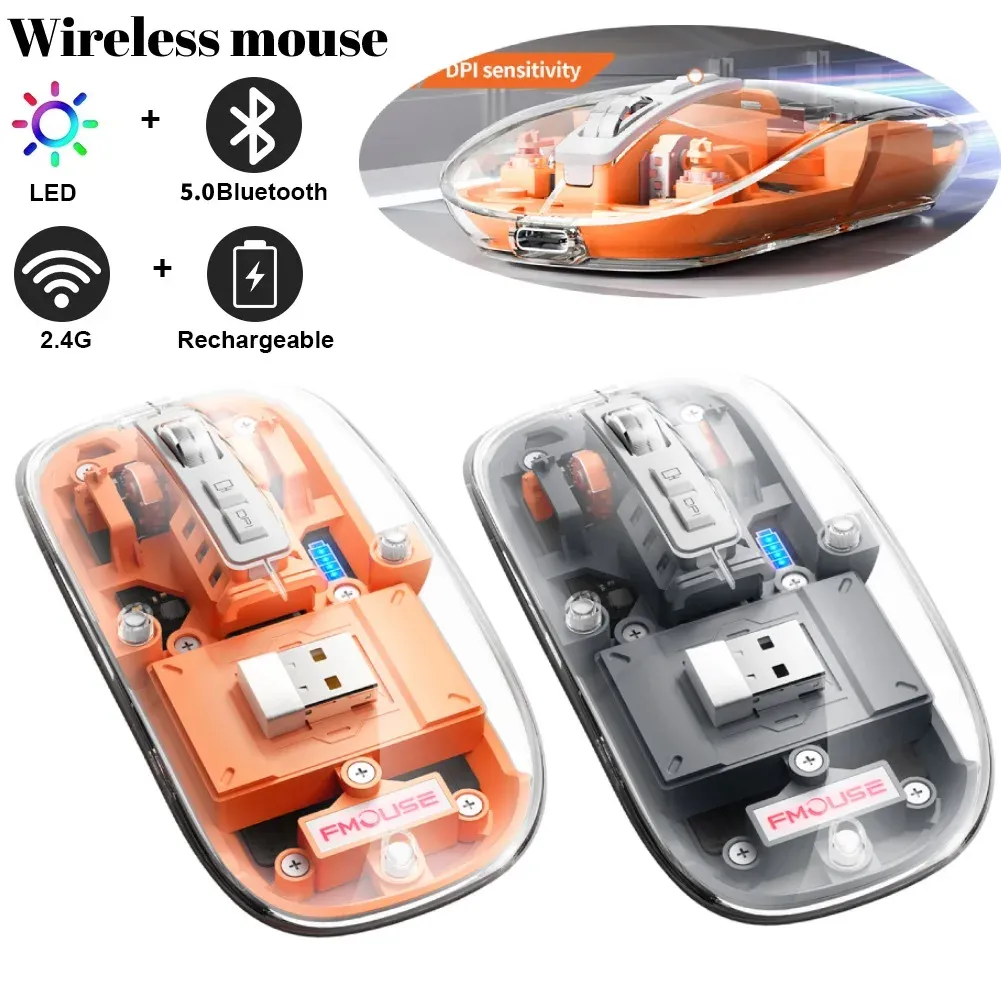 Przenośna bezprzewodowa mysz myszy myszy myszy przezroczystą myszy Bluetooth z 2,4 GHz USB 2400DPI Gaming Bezprzewodowy mysz na laptop