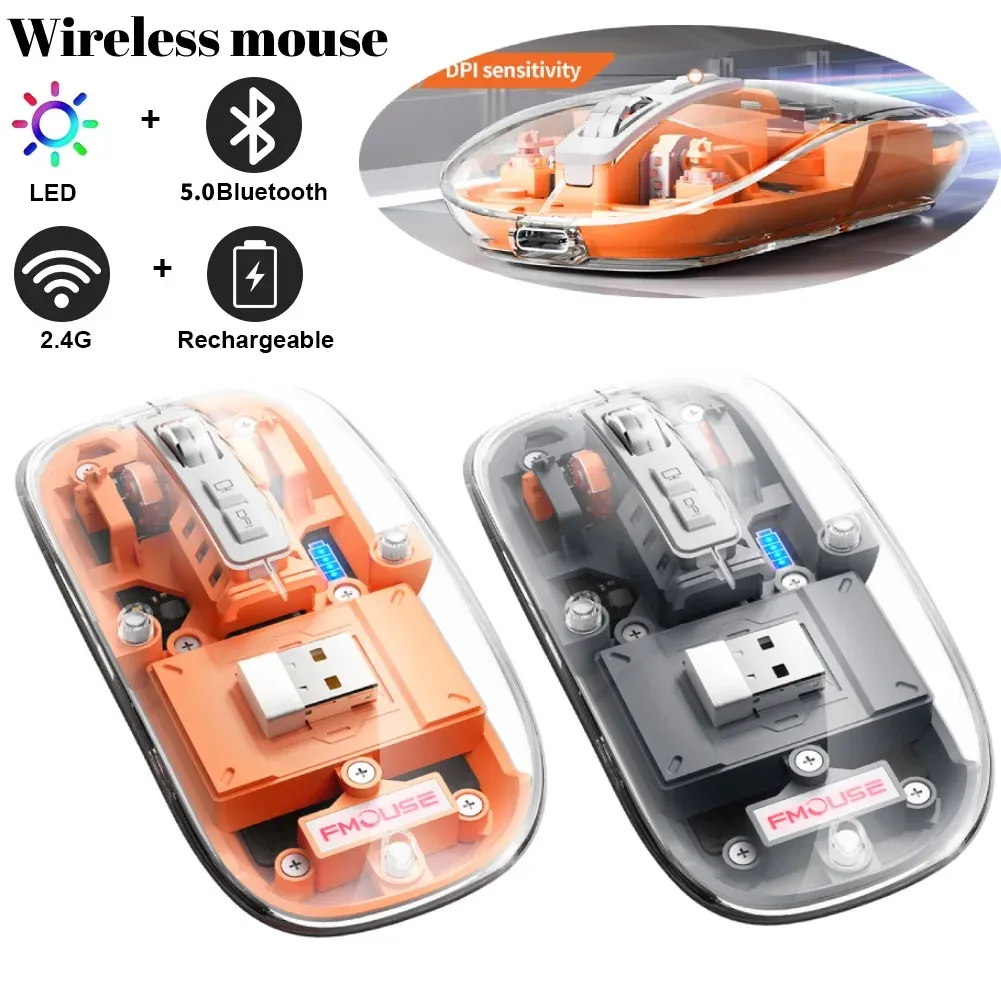 Mouse sem fio portátil recarregável, mouse transparente bluetooth com 2.4ghz usb 2400dpi para jogos para laptop