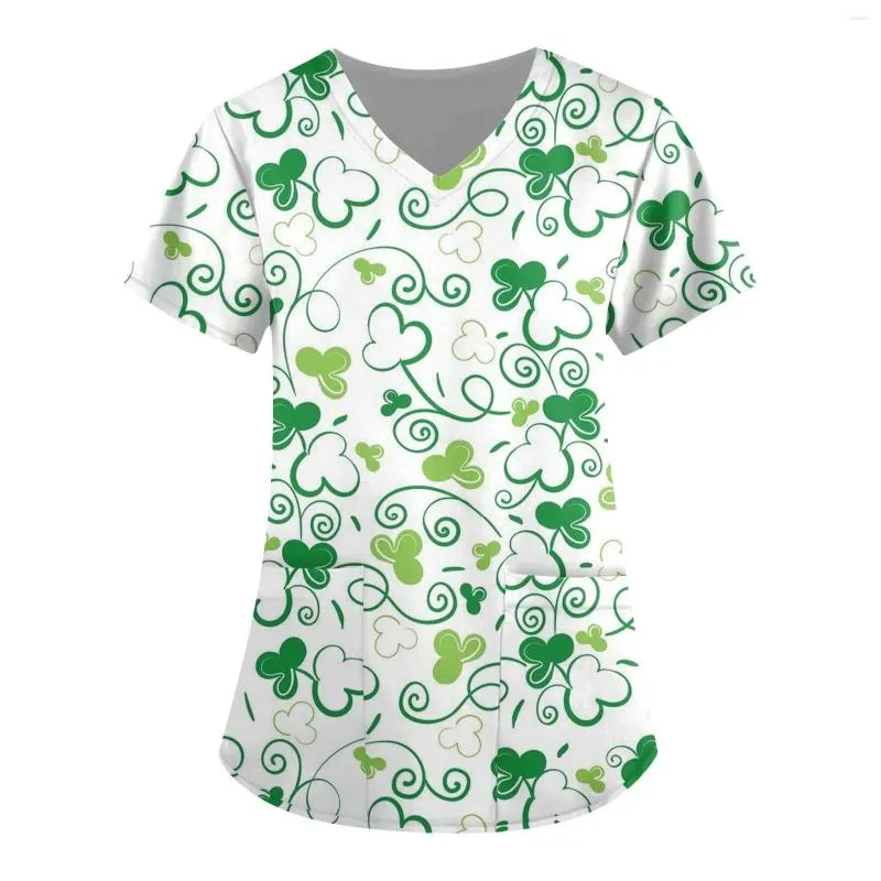 T-shirts pour femmes Femmes manches courtes col en V Tops de travail St. Patrick's Day Chemisier à quatre feuilles à la mode et minimaliste Top 2024 T-shirts