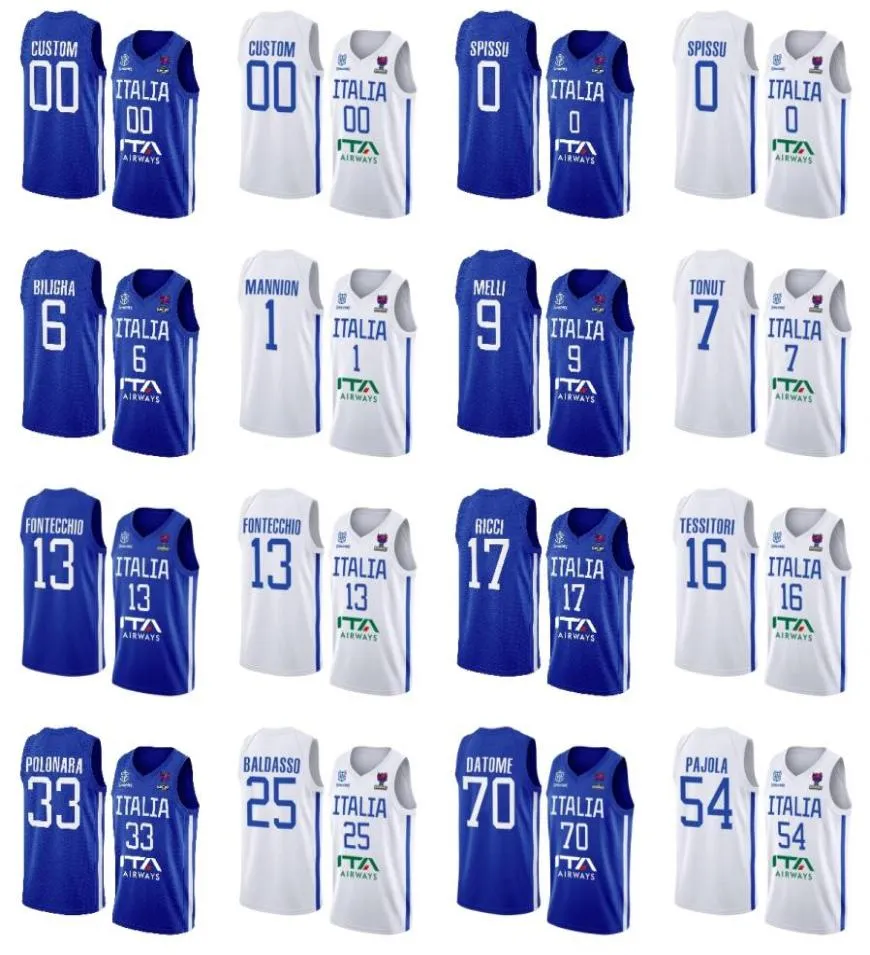 Aangepaste Italië bedrukte EuroBasket basketbalshirts 2022 blauw thuis wit uit 13 Simone Fontecchio Marco Spissu 1 Nicolo Mannion 6 7439976