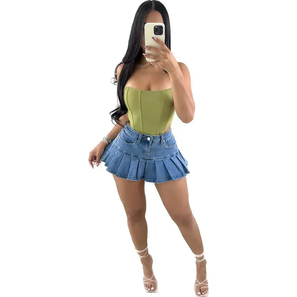 2024 Designer dresses Denim Mini Pleated Skirt Summer Women High Waist A-Line Skirts Fashion Cute Miniskirt Y2k Bottom Streetwear Wholesale Clothes 9717