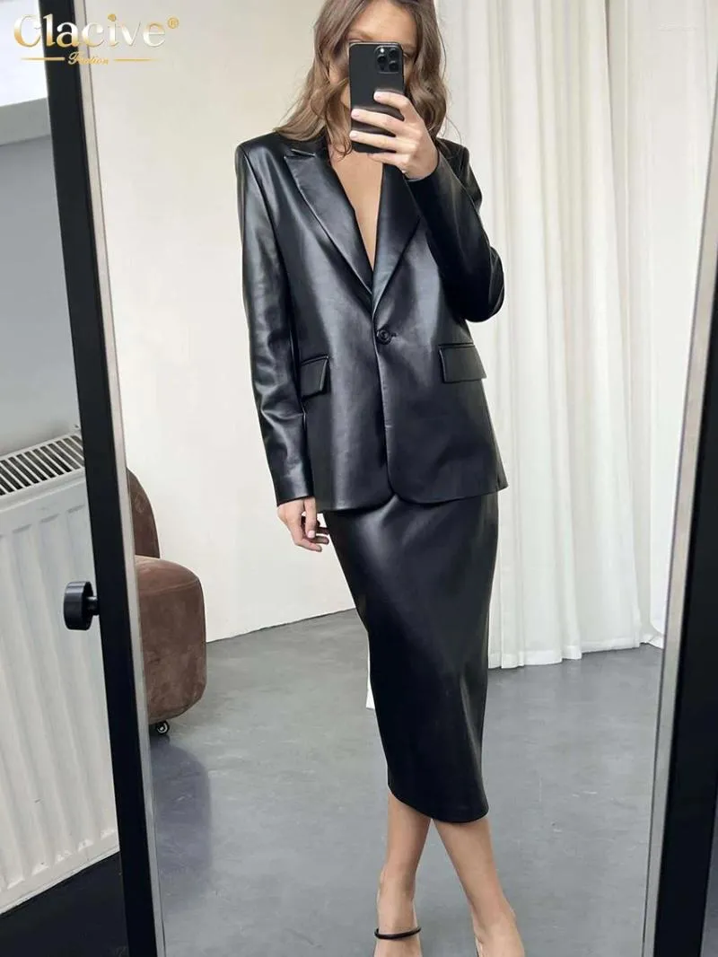 Arbeitskleider Clacive Mode Schwarze Pu-Lederrock-Sets Für Frauen 2 Stück Elegante Langarm-Blazer Mit Hoher Taille Röcke Anzüge