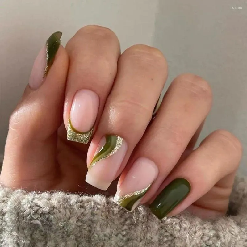 Falsas unhas francesas moda ouro glitter folha longo quadrado unhas dicas verde ondulado cobertura completa imprensa em mulheres meninas