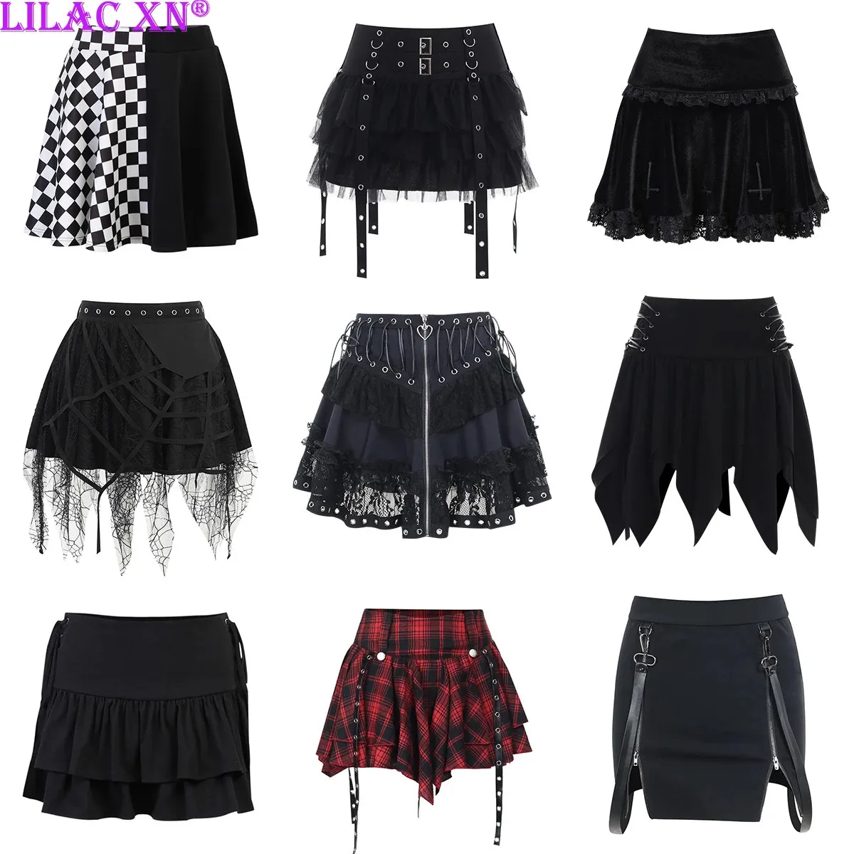 Goth Black Lace Aline Mini spódnice dla kobiet Y2K Vintage Bandage Lolita Letnia spódnica Gothic Faldas Ubrania uliczne 90s 240227