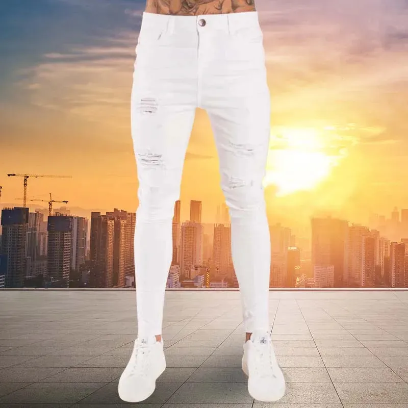 Heren Jeans Hip Hop Wit Moto Skinny Ripped Pure Kleur Elastische Denim Broek Mannelijke Casual Taille Jogging Potlood Broek 240228