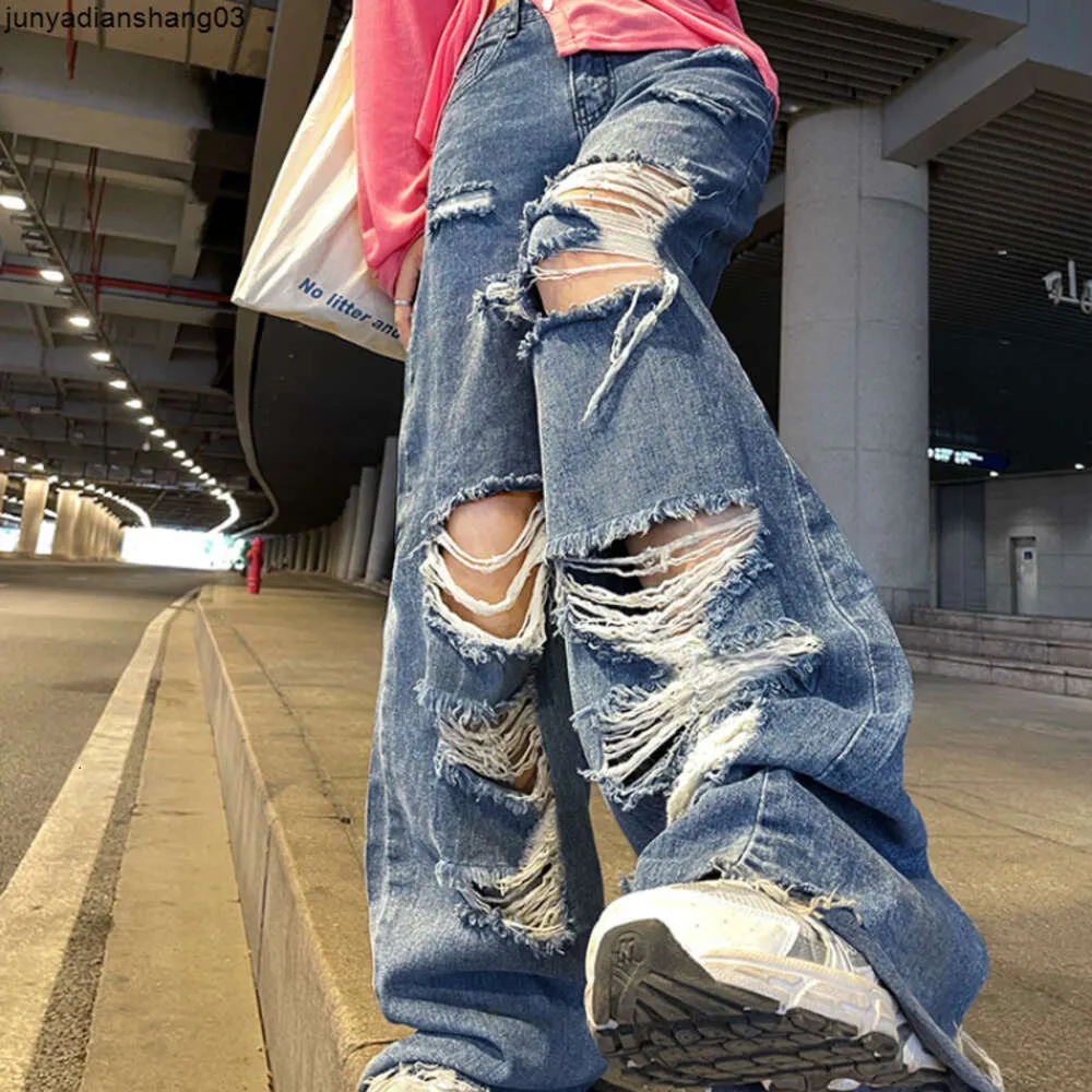 Dżinsowe dżinsy streetwear proste spodnie panie rozryte wysokiej talii luźne szerokie nogi Y2K Summer Plus Size Street Jean 230313