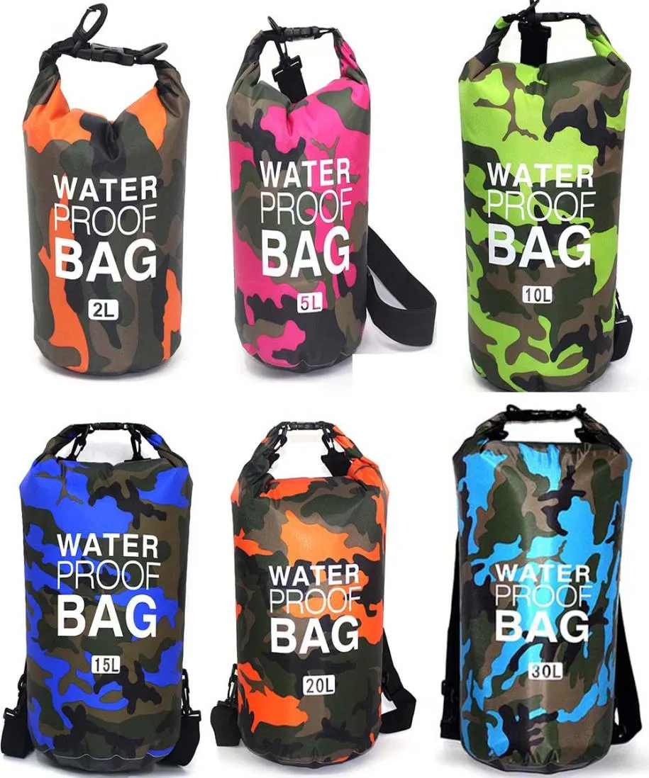 Bolsa seca impermeable de camuflaje para exteriores, bolsa seca portátil para Rafting y buceo, bolsas de natación de PVC para senderismo en el río 2510152030L2440904