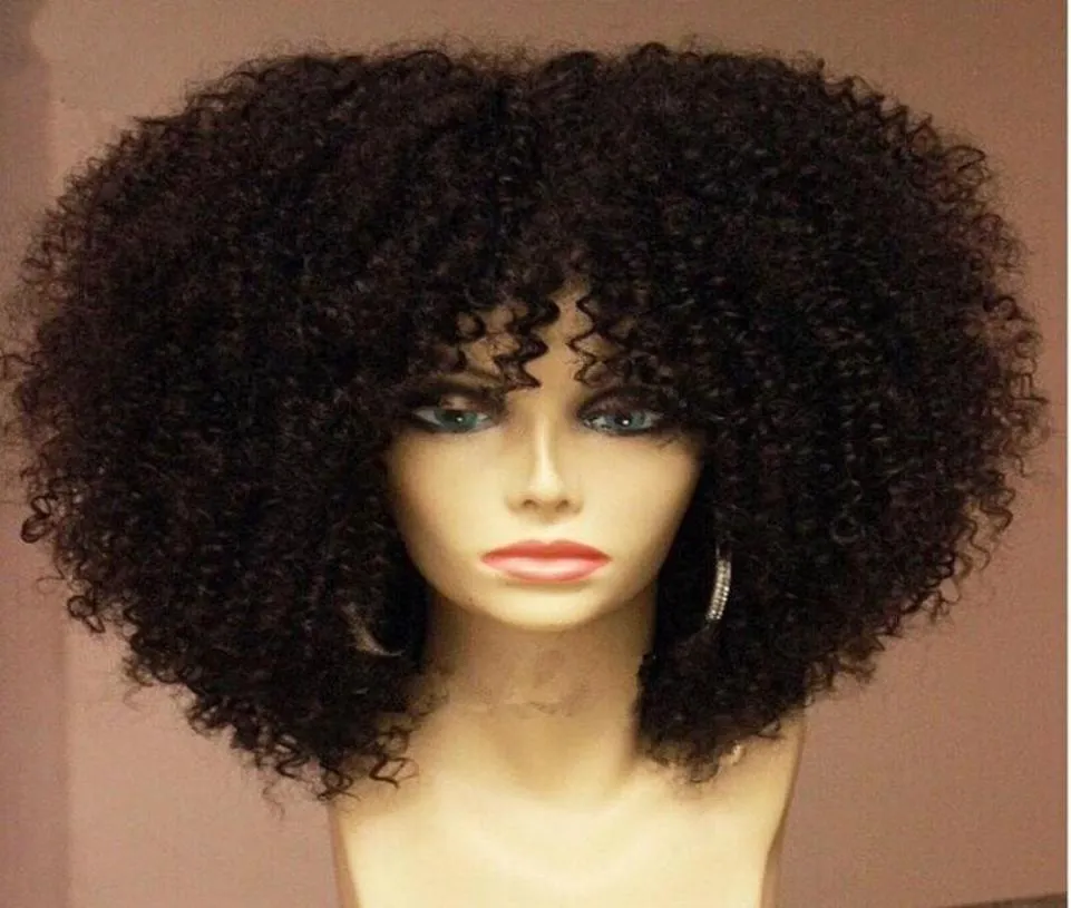 vendita parrucca riccia afro crespa parrucche anteriori in pizzo sintetico per capelli resistenti al calore con frangia per donne nere8402071