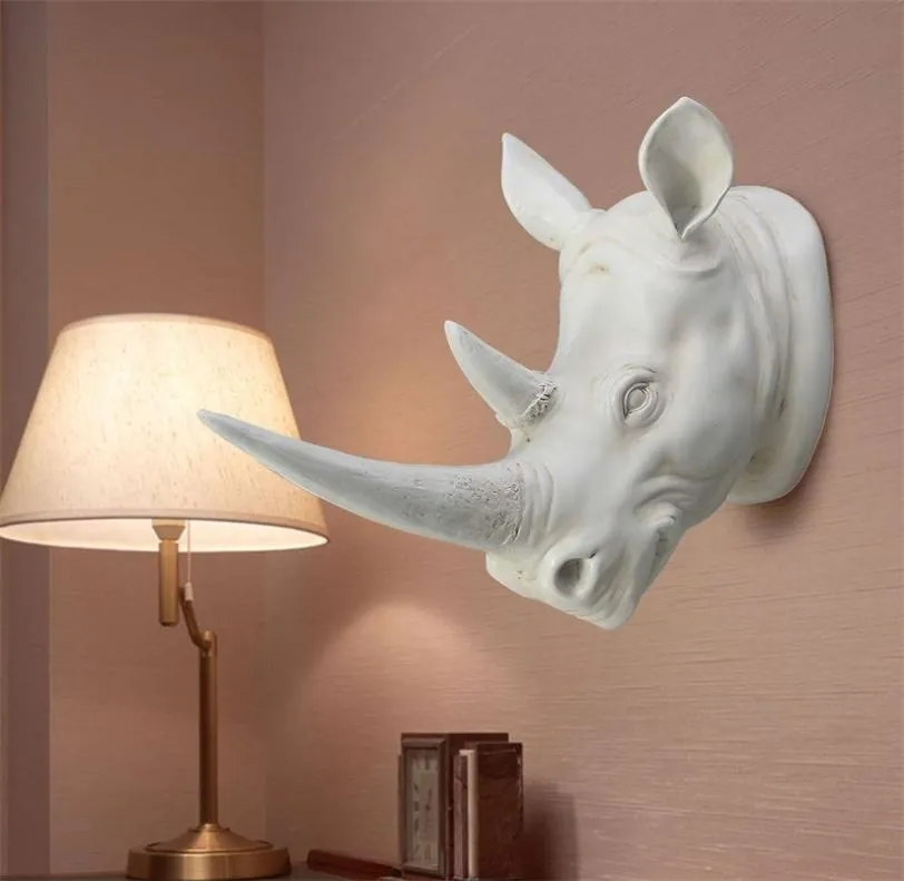 KiWarm Resin Exotic Rhinoceros Head Ornament White Animal Statues Crafts for Home el Wall Hanging Art Decoration Gift T2003314702818