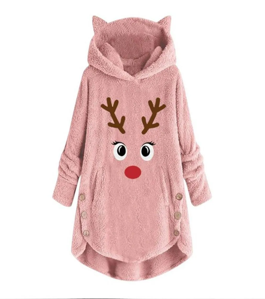 Sweatshirt Christmas Womens Long Sleeve Deer Printed Warm Outwear Fleece Button Deer Ear Winter Plush Hoodies Plus Szie 5X Tops6969893