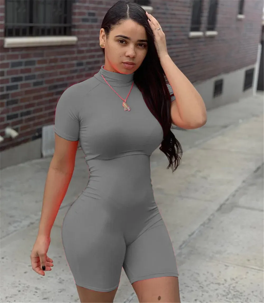 2024 Designer Short Sleeve Rompers Summer Women Bodycon Jumpsuits Casual Solid Skinny Playsuits One Piece Outfits Female Silm Overalls Wholesale Clothing 8150