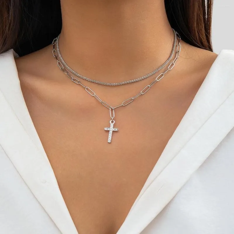 Pendant Necklaces KunJoe Silver Color Full Rhinestone Cross Necklace For Women Choker Jewelry Collar On The Neck Party Ladies Accessories