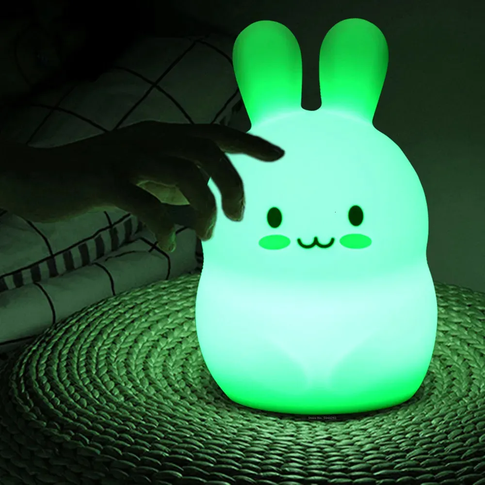 토끼 LED 야간 조명 터치 센서 9 색 배터리 전원 만화 실리콘 토끼 침대 옆 램프 어린이 아기 장난감 선물 240227