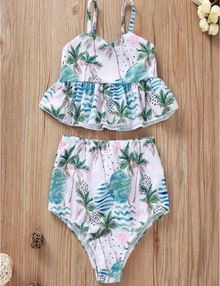 Girl Beach Suspender Belt Sleeveless Coconut Palm Print Swim Suit Set Baby VNeck Floral Print Swimwear Suit Two Pieces Kids Summe1403104