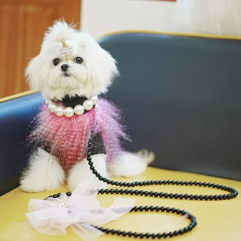 Guinzagli di lusso in corda per cane, fiocco di guinzaglio perle, collana per animali
