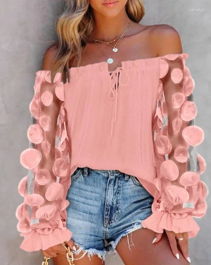 Women's Blouses Blouse For Women 2024 Floral Pattern See-Through Mesh Patch Frill Hem Top Tie Up Long Sleeve Ol Pullover Clothing
