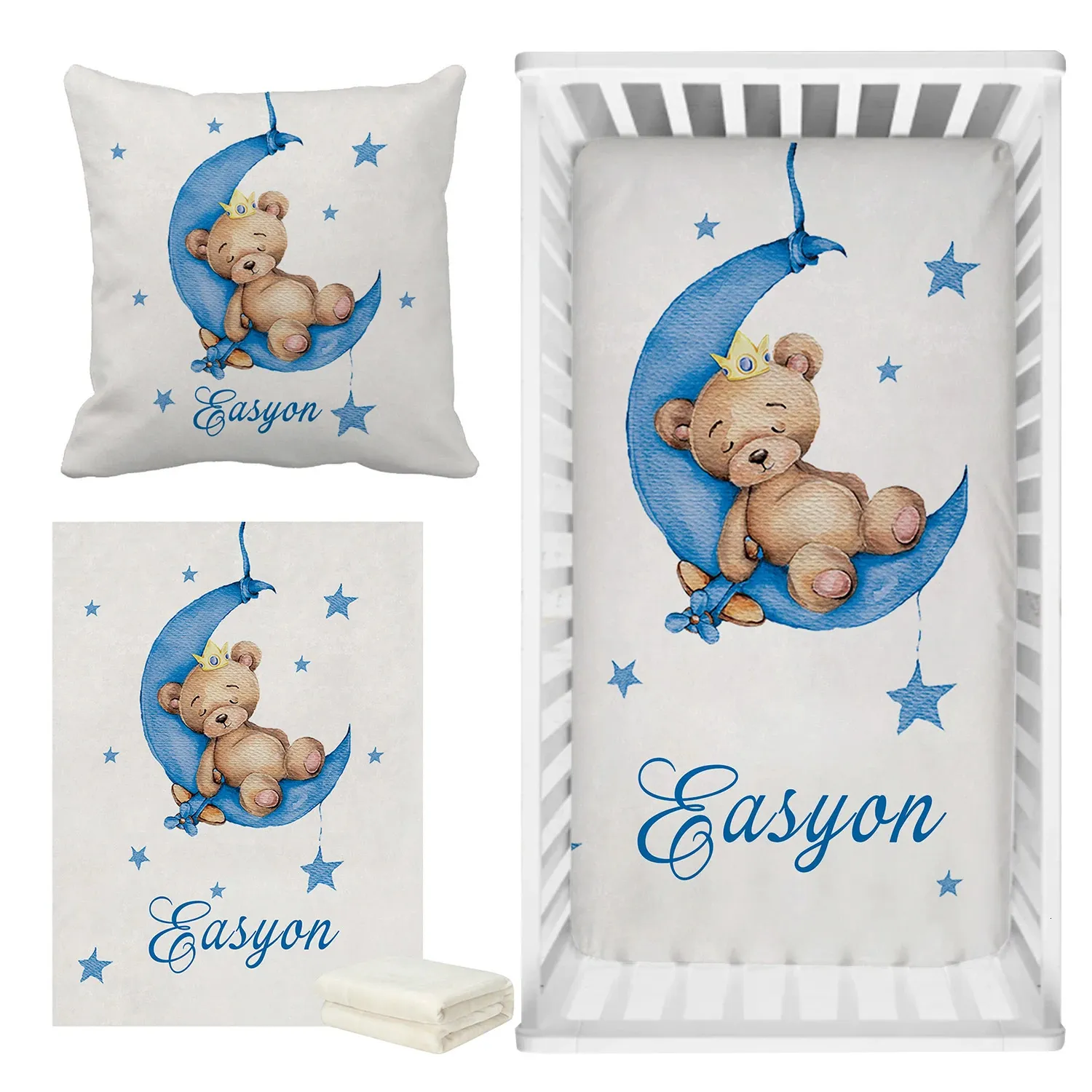 LVYZIHO Custom Name Sleeping Bear Blue Crib Bedding Set Sleeping Bear Sleep on Moon Bedding Set Baby Shower Gift Bedding Set 240229