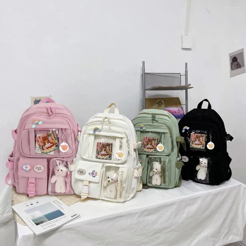 Sacos escolares Estudante universitário mochila moda viagem bookbags com pingente de pelúcia pino bonito kawaii grande capacidade estilo japonês para férias