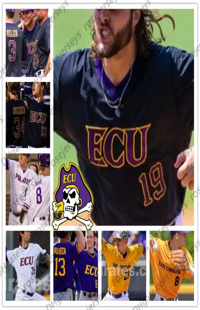 ECU East Carolina Pirates 14 Jake Agnos 18 Bryant Packard 19 Alec Burleson 42 Spencer Brickhouse Paars Wit Zwart Geel Baseba2937805