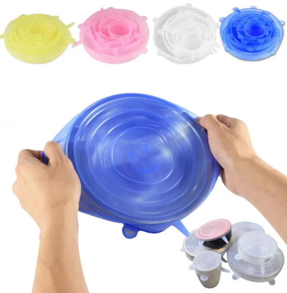 Couvercles de Pot d'aspiration extensible en Silicone de qualité alimentaire Silicone frais gardant le joint d'étanchéité couvercle de casserole 4 couleurs jolis accessoires de cuisine 6pcs8548512