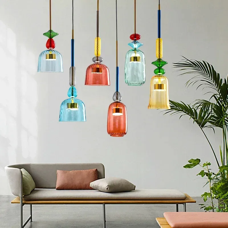 Moderno criativo cor doce vidro pingente lâmpada sala de jantar quarto crianças pendurado luz decoração para casa e27 luminárias 240301