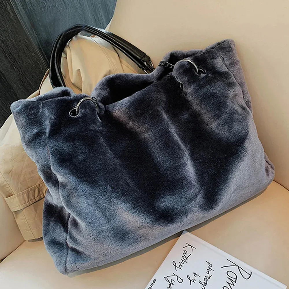 HISUELY Borsa tote in pelliccia sintetica invernale Borsa a tracolla da donna in peluche invernale Borsa da donna casual a catena femminile con capacità maggiore Shopping da viaggio 240228