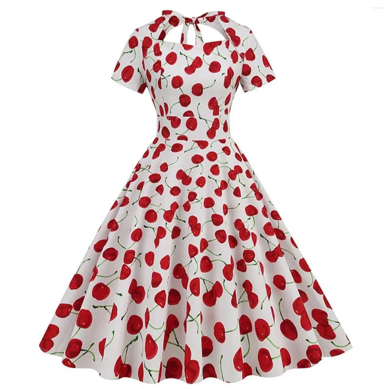 Casual Dresses Red Cherry Print Summer Dress for Women Elegant Short Sleeve Rockabilly Party Vintage Robe Swing a Line