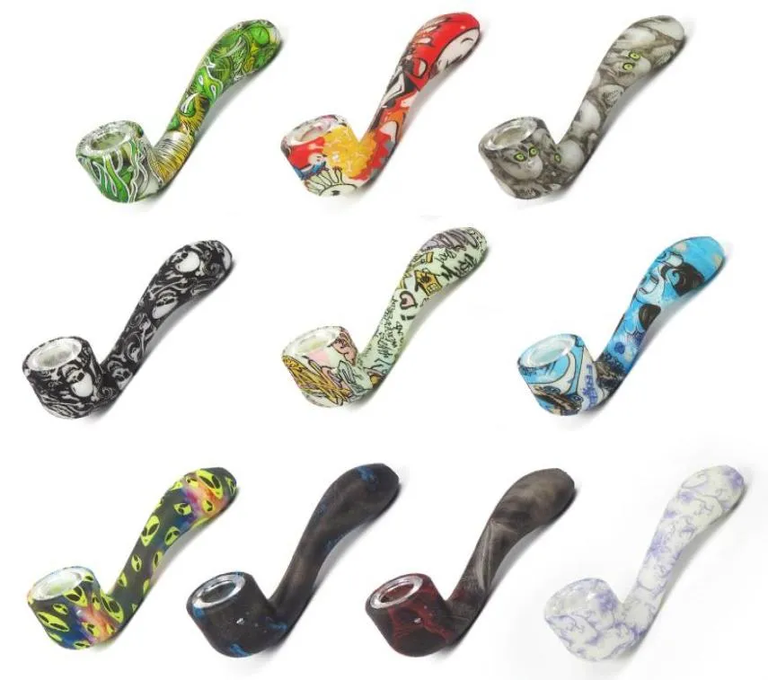 Smoking pipes glow in the dark and printed 7 character shape hand pipe silicone bubbler dab rig hooakahs unbreakable3700112