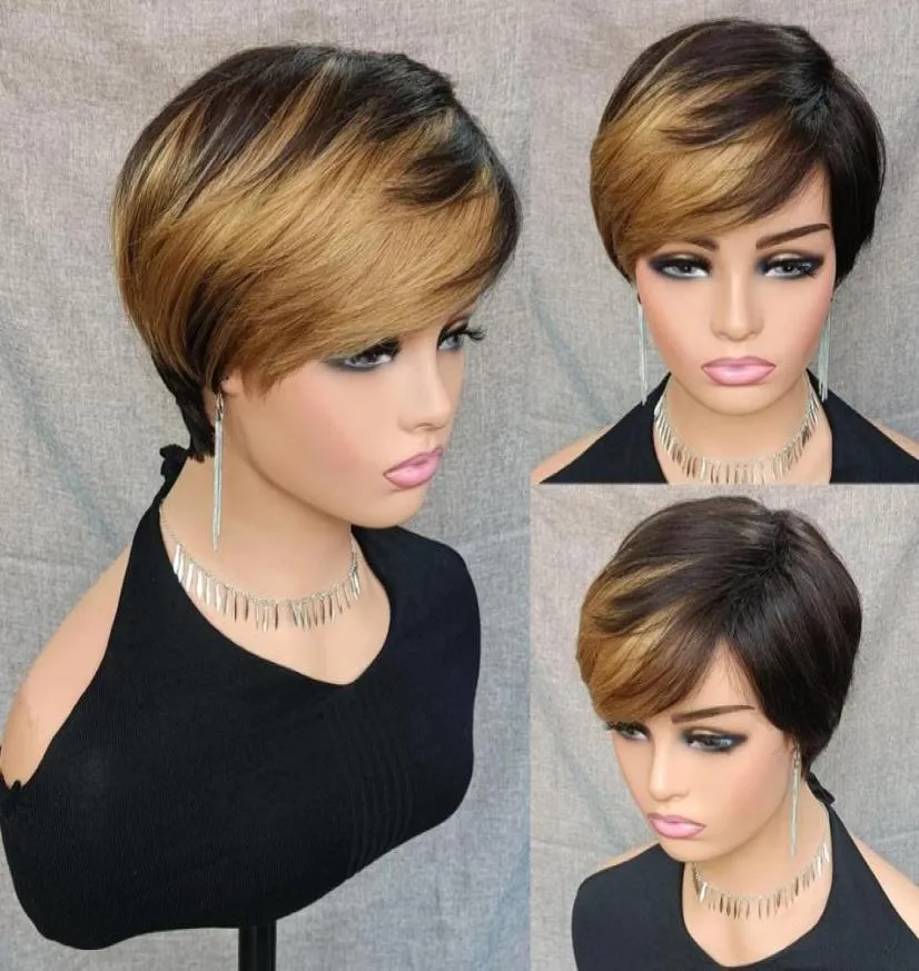 Loira ombre cor curto pixie corte perucas de cabelo humano em linha reta bob peruca com franja completa máquina feita peruca para women46760631511926