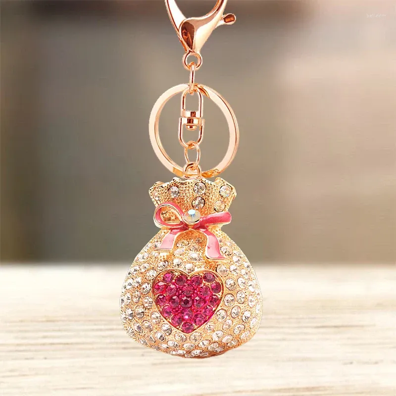 Anahtarlıklar Sevimli Rhinestone Kristal Pembe Şanslı Kalp Çantası Para Anahtarlık Fortune Anahtar Zincir Yüzük Tutucu Kolye Keyasyon