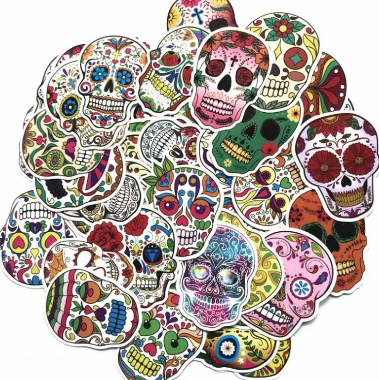 60PCS Colorful Skull Stickers For Car Phone Skateboard Snowboard Laptop Luggage Fridge Bicycle PVC Waterproof Decal Halloween Home2065650