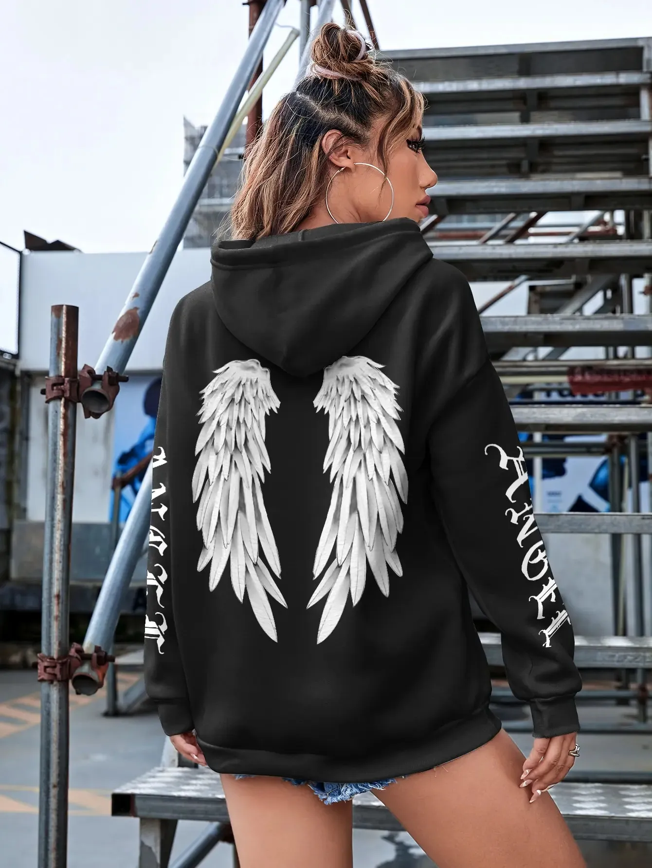 Angel Wings Personality Pattern Female Hoodie Harajuku Fleece Hooded Fashion S-Xxl Casual Pullovers Hip Hop Loose Women Tops 240301