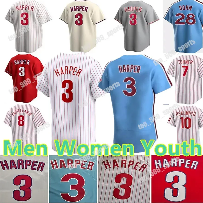 2024 Jersey de béisbol personalizado Bryce 3 Harper Trea Turner Bryson Stott Kyle Schwarber J.T.Realmuto Alec Bohm Nick Castellanos Aaron Nola Wheeler Brandon Marsh Suárez