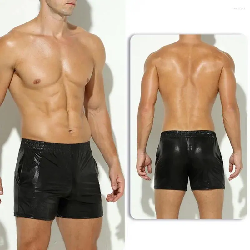 Men's Shorts Solid Color Men Stage Show Performances Faux Leather With Elastic Waist Breathable Pockets For Sports Summer