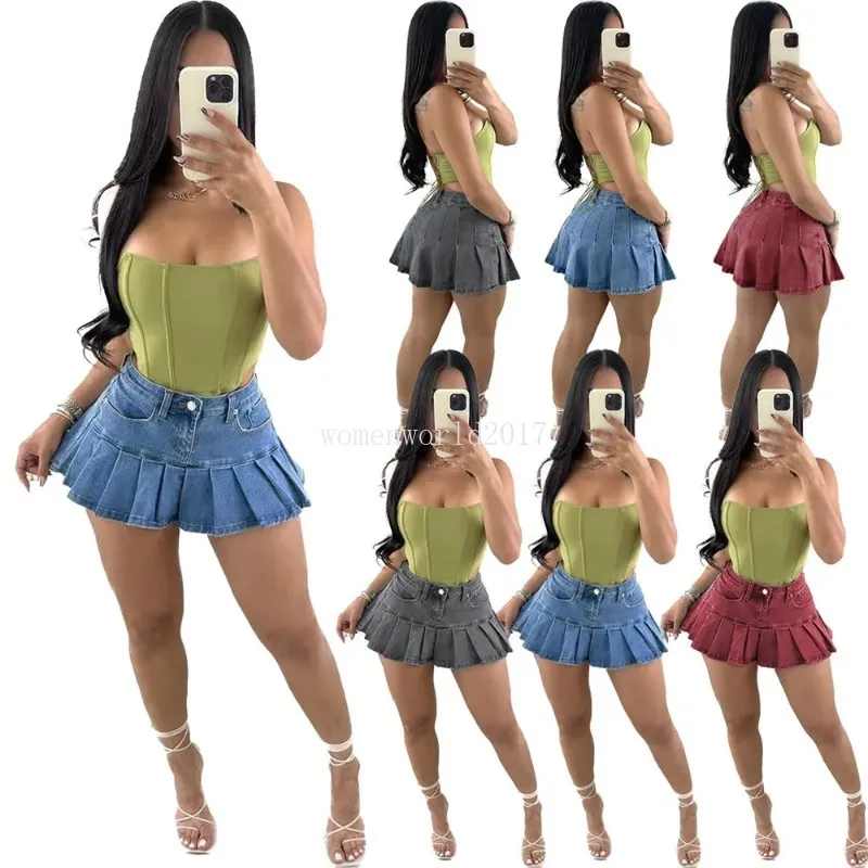 2024 Designer vestidos denim mini saia plissada verão mulheres cintura alta a-line saias moda bonito minissaia y2k bottom streetwear roupas por atacado