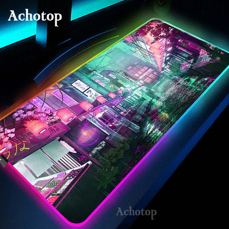 Tapis de souris RGB Anime, tapis de Table paysage de lune 900x400, tapis de bureau, éclairage LED, pour ordinateur portable, Kawaii, tapis esthétique XXL, rétro-éclairage