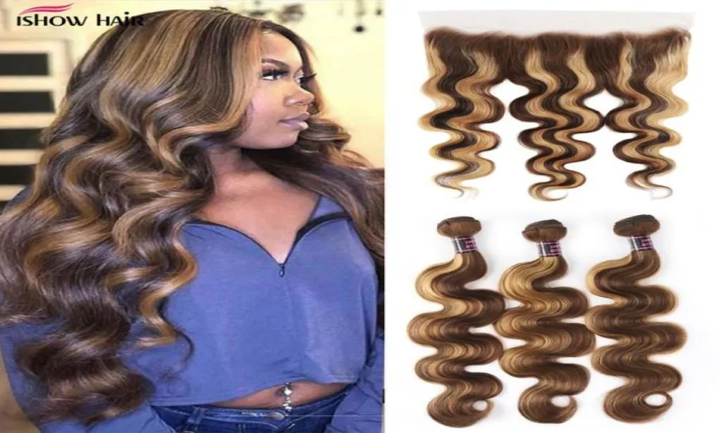 Ishow Transparent Lace Frontal Highlight Human Hair Bundles with Closure Brazilian Body Wave 34 Pcs Peruvian Straight Malaysian f47046408