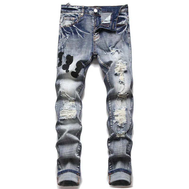 2024 Bestsäljande jeans herrdesigner denim broderade byxor mode hål byxor hiphop stil blixtlåsbyxor, storlek 28-40 #013