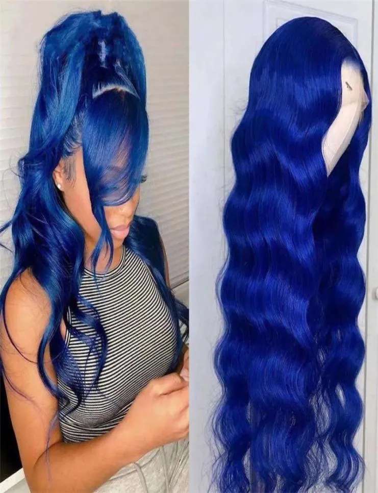 Perruque Lace Front Wig synthétique ondulée bleue, cheveux humains, Deep Wave, Simulation de cheveux humains, pour femmes noires américaines, 1509474616