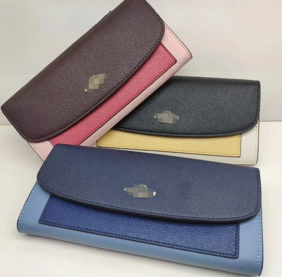 F56492 Carteira Fina Envelope Geométrica Colorblock Crossgrain Couro Mulheres Longa Dobra Zip Bolsa Dompet Panjang