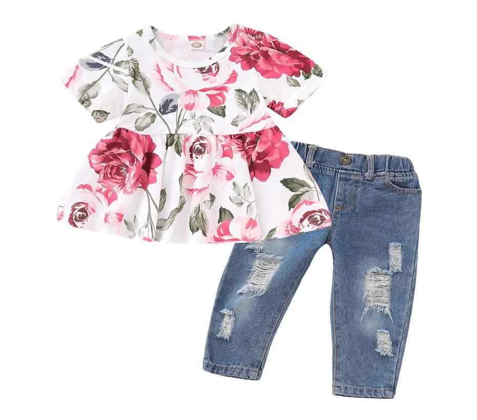 Baby Mädchen Sommer Kleidung Sets Oneck Kurzarm Voller Blumendruck Hemd Denim Hose Sommer Mädchen Freizeitkleidung Set9549267