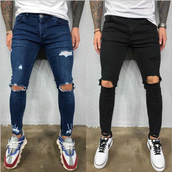 2020 мужские эластичные рваные джинсы с пирсингом на ногах, новые модные джинсы