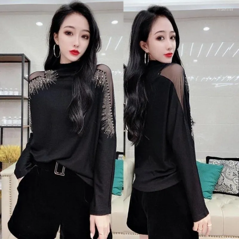 Women's T Shirts Cool Pulovers Skinny Tees Glitter Rhinestone Sexy Female Black Clothes Long Sleeve Top For Women Aesthetic Wholesale O