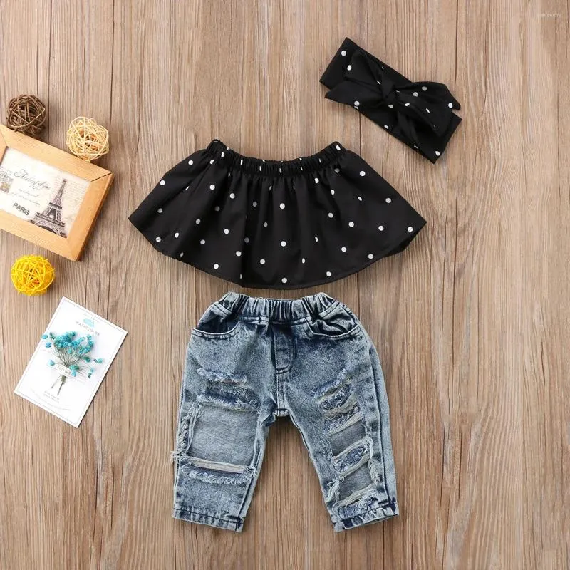 Ensembles de vêtements pour enfants de 0 à 3 ans, vêtements d'été pour bébés, épaules dénudées, hauts à points ondulés, bandeau en jean déchiré, 3 pièces, tenues de pantalons