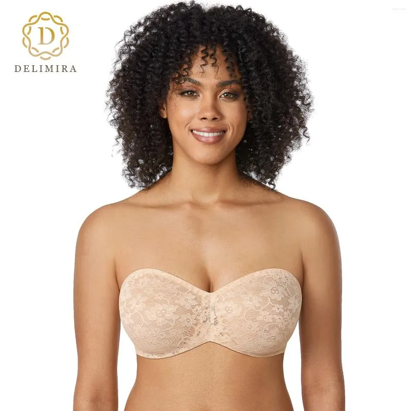 Bras Delimira Women's Strapless Bra Lace for Big Busted Unlined Underwire see see see