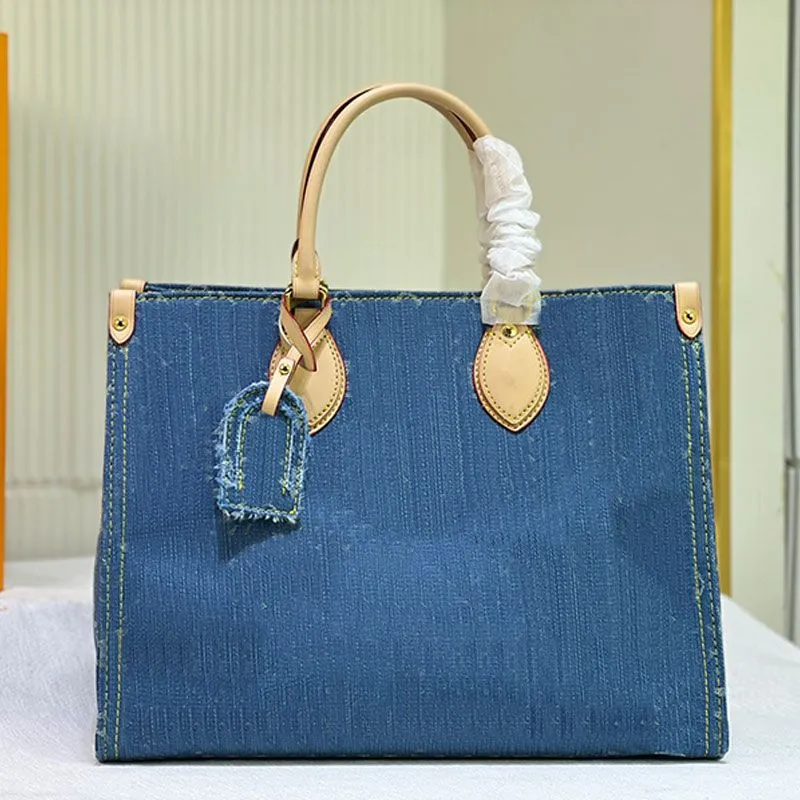 Denim lona ombro qualidade compras interno feminino tote alça de couro genuíno saco superior carta zíper bolsa bolso clássico impressão