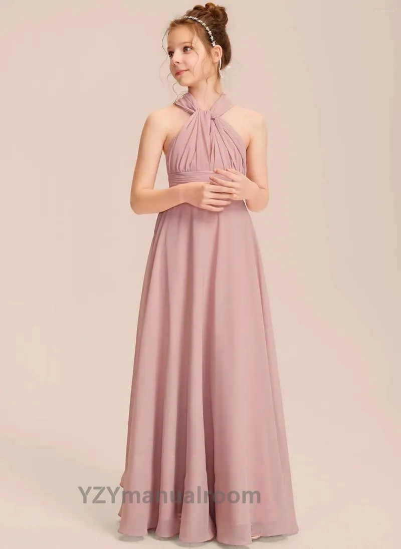 ガールドレスシフォンレースティーンエイジブライドメイドドレスA-Line Scoop Floor-Length Halterneck One-Shoulder V-Neck Fairy